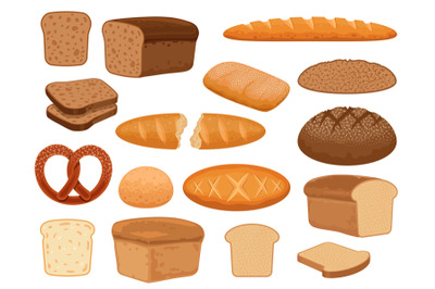 Cartoon bread products. Toast slice, baked french baguette, wheat and