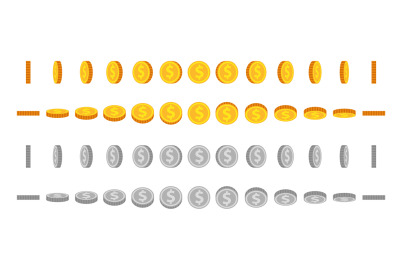 Cartoon coin animation sprites. Gold and silver coins flip and rotate.