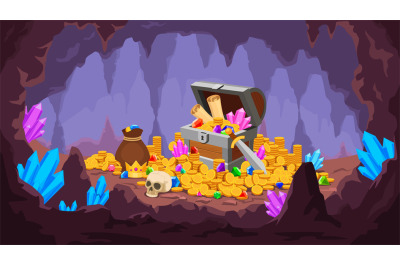 Treasure cave. Mine with pile of gold coins, crystals, old chest with