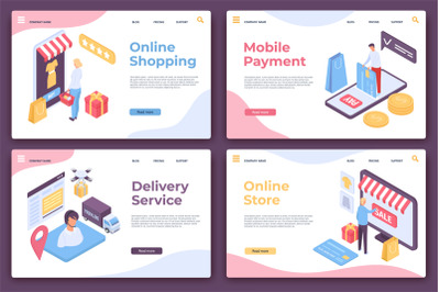 Online shopping landing page. Isometric website pages for mobile payme