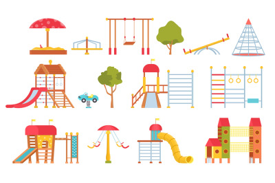 Playground equipment. Kids park carousels, swings and game modules wit