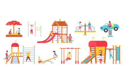 Children at playground equipment. Boys and girls playing in play house