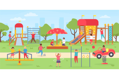 Kids playground at park. Group of children playing outdoor, on swings,