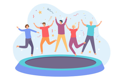 Teens on trampoline. Happy group of friends jumping and having fun. En