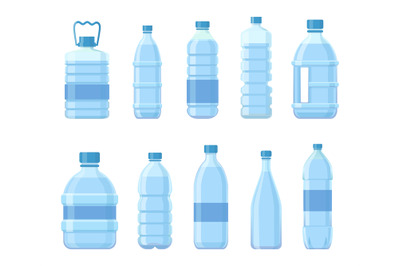 Cartoon plastic bottles with water. Drinks packages, PET containers fo