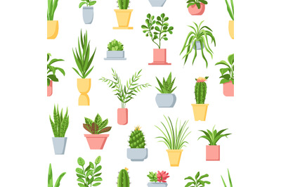 Pot plants seamless pattern. Houseplants, cactus and succulents, garde