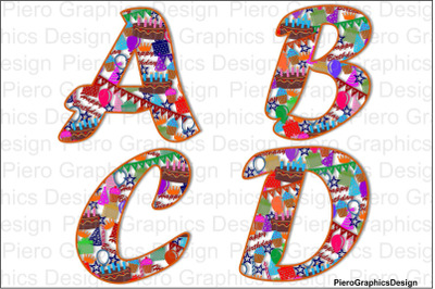 Alphabet and numbers with colorful happy birthday elements JPG and PNG