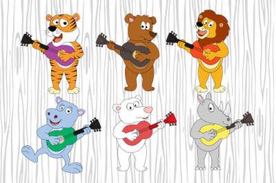 cute animal cartoon playing guitar