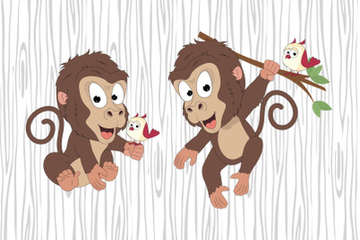 cute monkey and bird cartoon