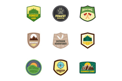 Hiking logo emblem set, flat style