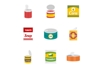 Food can icon set, flat style