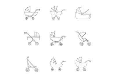Baby carriage icon set, outline style
