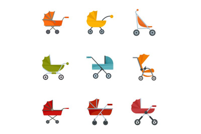 Baby carriage icon set, flat style
