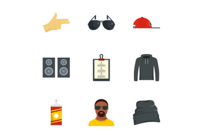Hip hop icon set, flat style