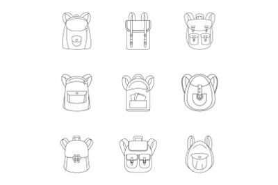 Student backpack icon set, outline style