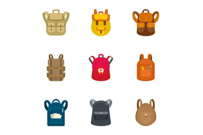 School backpack icon set, flat style