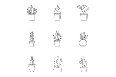 Home cactus pot icon set, outline style