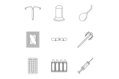 Contraception icon set, outline style