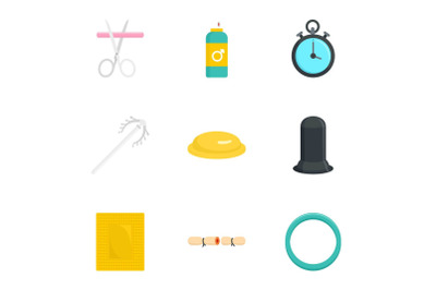 Contraception icon set, flat style