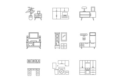 Furniture icon set, outline style