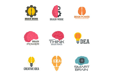 Creative idea brain logo set, flat style