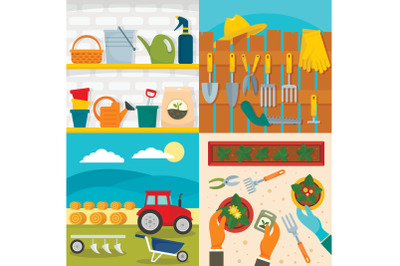 Farming equipment banner set, flat style