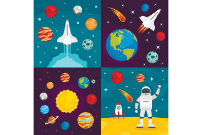 Space planets banner set, flat style