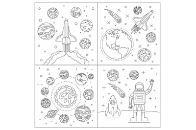 Galaxy planets banner set, outline style