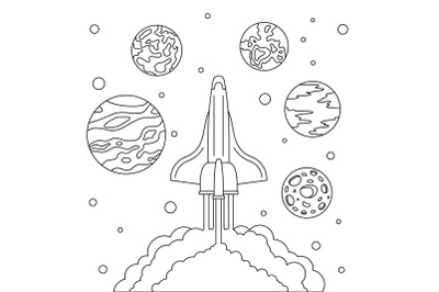 Fly space ship concept background, outline style