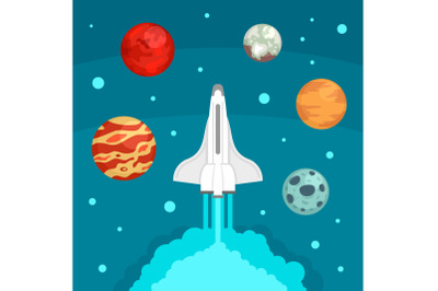 Fly space ship concept background, flat style