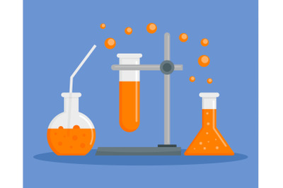 Orange chemical flask concept background, flat style