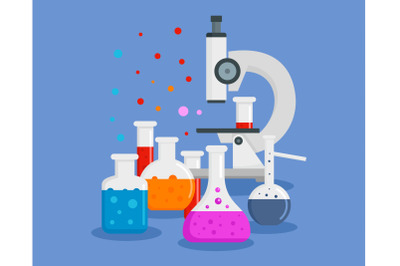 Microscope chemical flask concept background, flat style