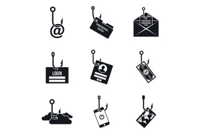Phishing email icon set, simple style