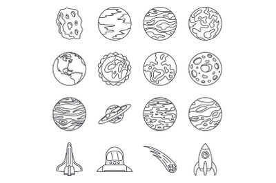 Solar system planets icon set, outline style