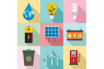 Energy saving icon set, flat style