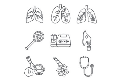 Pneumonia disease icon set, outline style