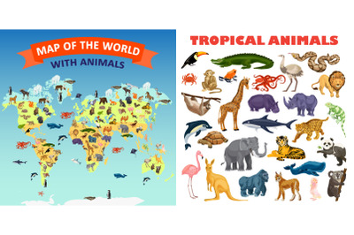 Zoo animals banner set, cartoon style