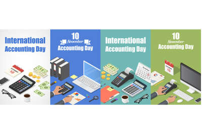 Accounting day banner set, isometric style