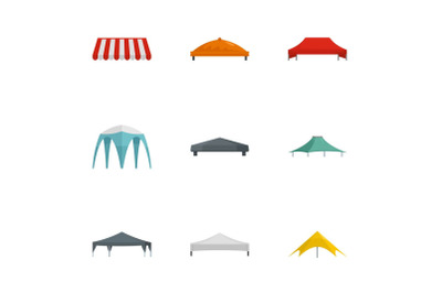 Pavilion tent icon set, flat style