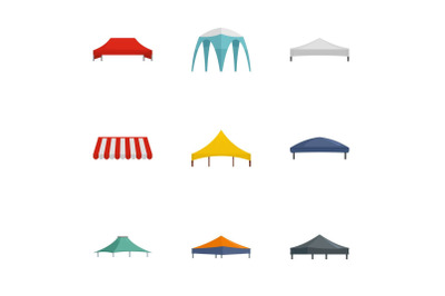 Folding tent icon set, flat style