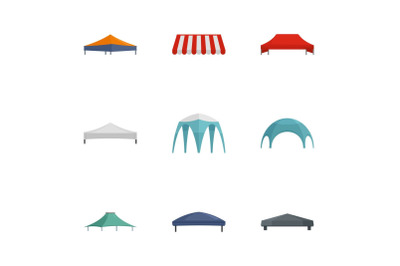Commercial tent icon set, flat style