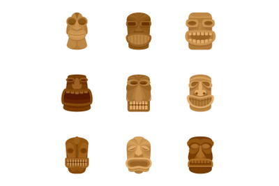 Tiki idol icon set, flat style