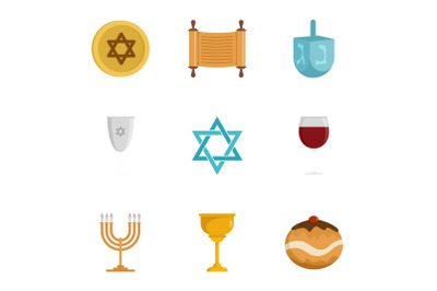 Jewish religion icon set, flat style