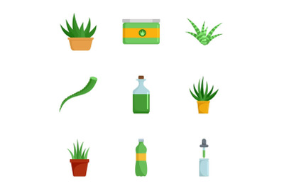 Aloe vera cure icon set, flat style