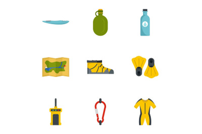 Hiking icon set, flat style