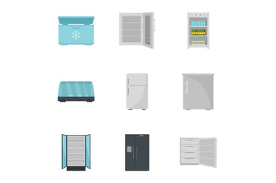 Commercial fridge icon set, flat style