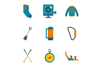 Climbing mountain icon set, flat style