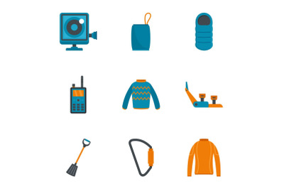 Travel hiking icon set, flat style