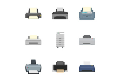 Laser printer icon set, flat style