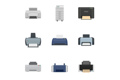 Office printer icon set, flat style